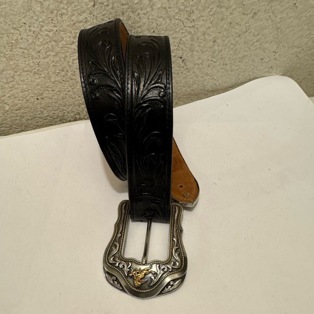 Tony Lama Black Leather Belt with Silver Buckle